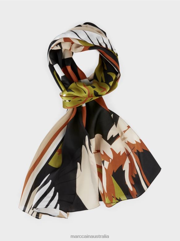 Accessory Deep Oliv Green J8XFX1723 Silk scarf with tropical print Marc Cain