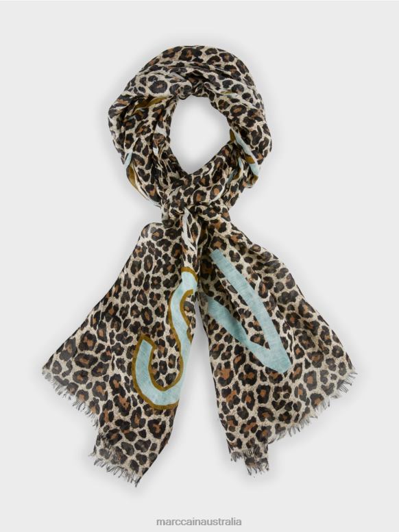 Accessory Powder Cream J8XFX1733 Scarf with leopard print and lettering Marc Cain