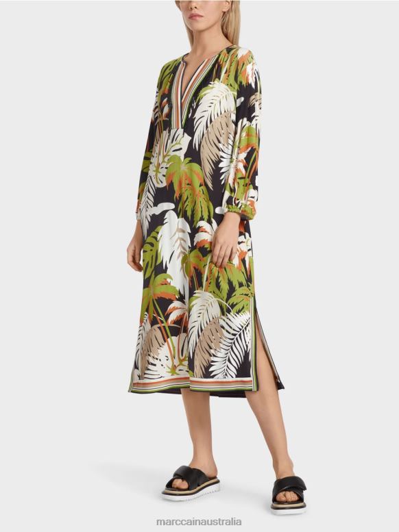 Clothing Deep Oliv Green J8XFX88 Loose dress with a tropical floral motif Marc Cain