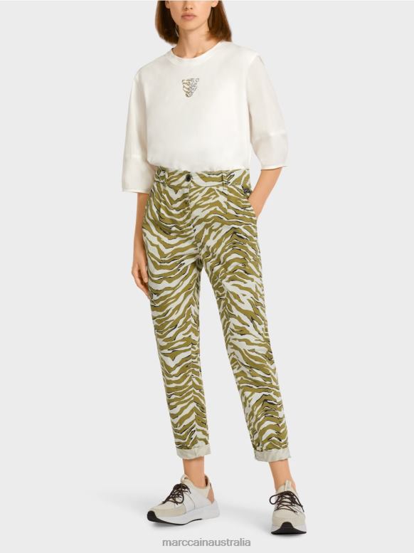 Clothing Powder Cream J8XFX696 Pleated front pants with leopard print Marc Cain