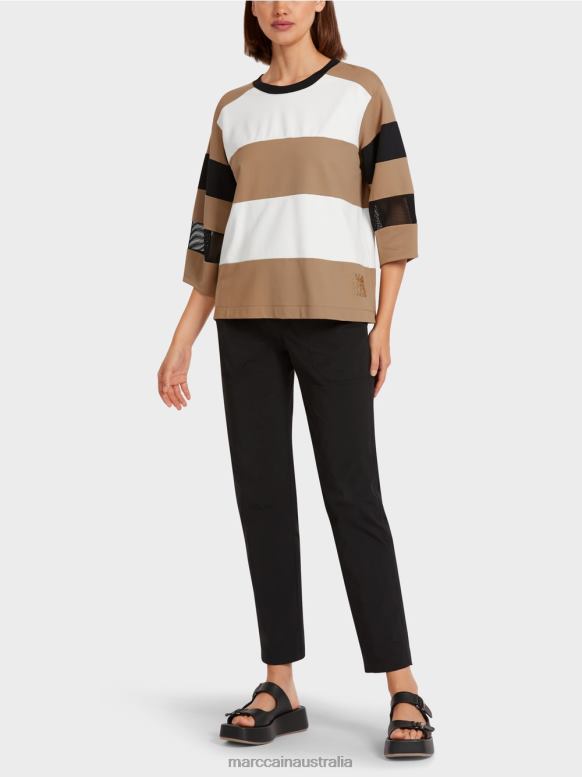 Clothing Light Coffee J8XFX1434 Striped T-shirt with mesh inserts Marc Cain